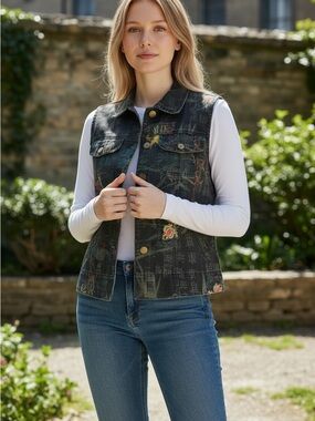 CHICO’S TANYA Black Multi Printed Sleeveless Linen/Denim Vest, Size 1 (8-10)
